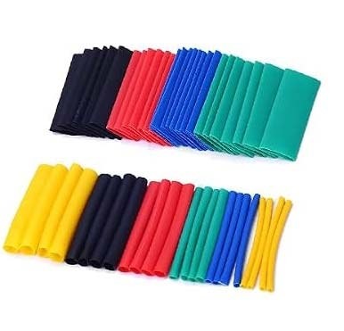 Assorted red, blue, green, yellow and black heat shrink tubing.