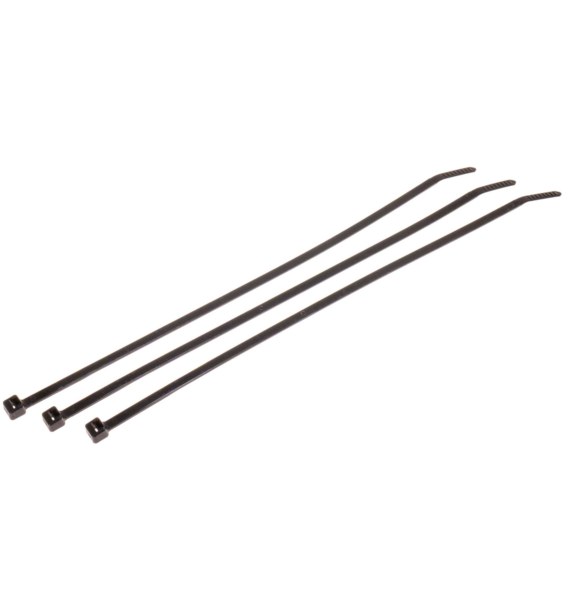 Black nylon wire ties for securing automotive electrical harnesses.