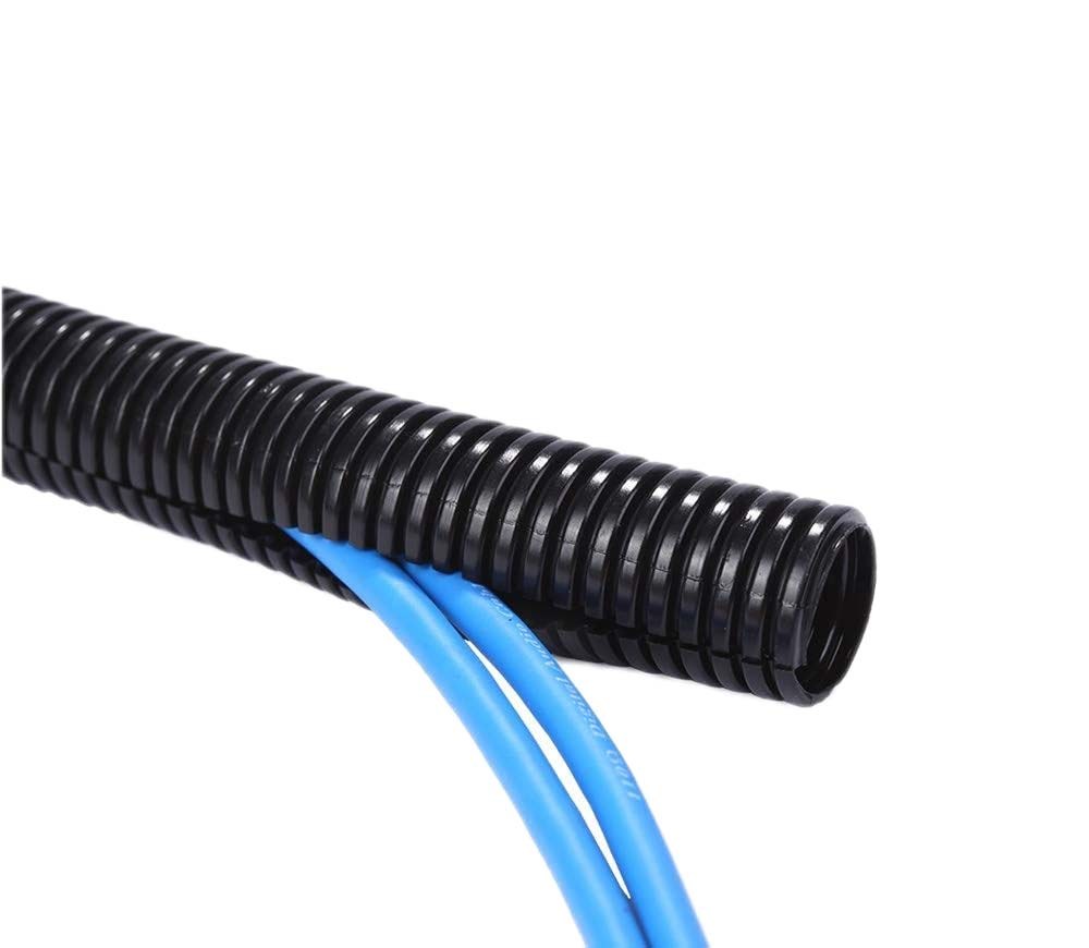 Black corrugated split loom tubing protecting automotive electrical wires.