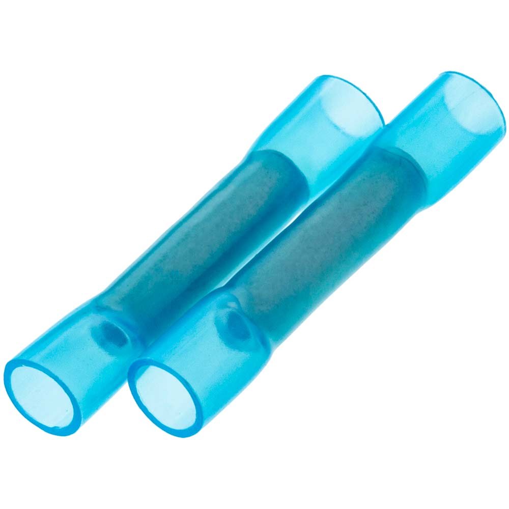 Blue adhesive-lined heat-shrink butt connectors for 16 to 14 gauge automotive wires.