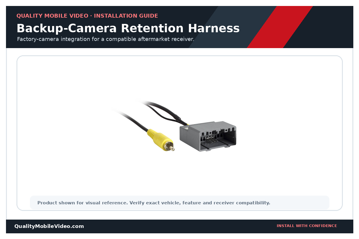 Factory backup camera connected through a retention harness to an aftermarket receiver