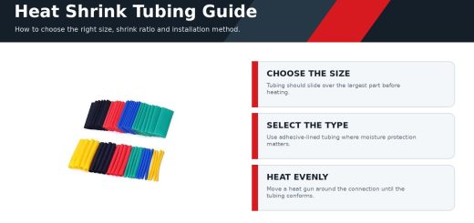 Heat shrink tubing guide showing assorted automotive tubing and selection steps for sizing, type and installation.