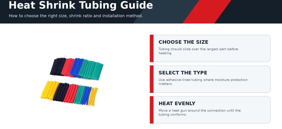 Heat shrink tubing guide showing assorted automotive tubing and selection steps for sizing, type and installation.