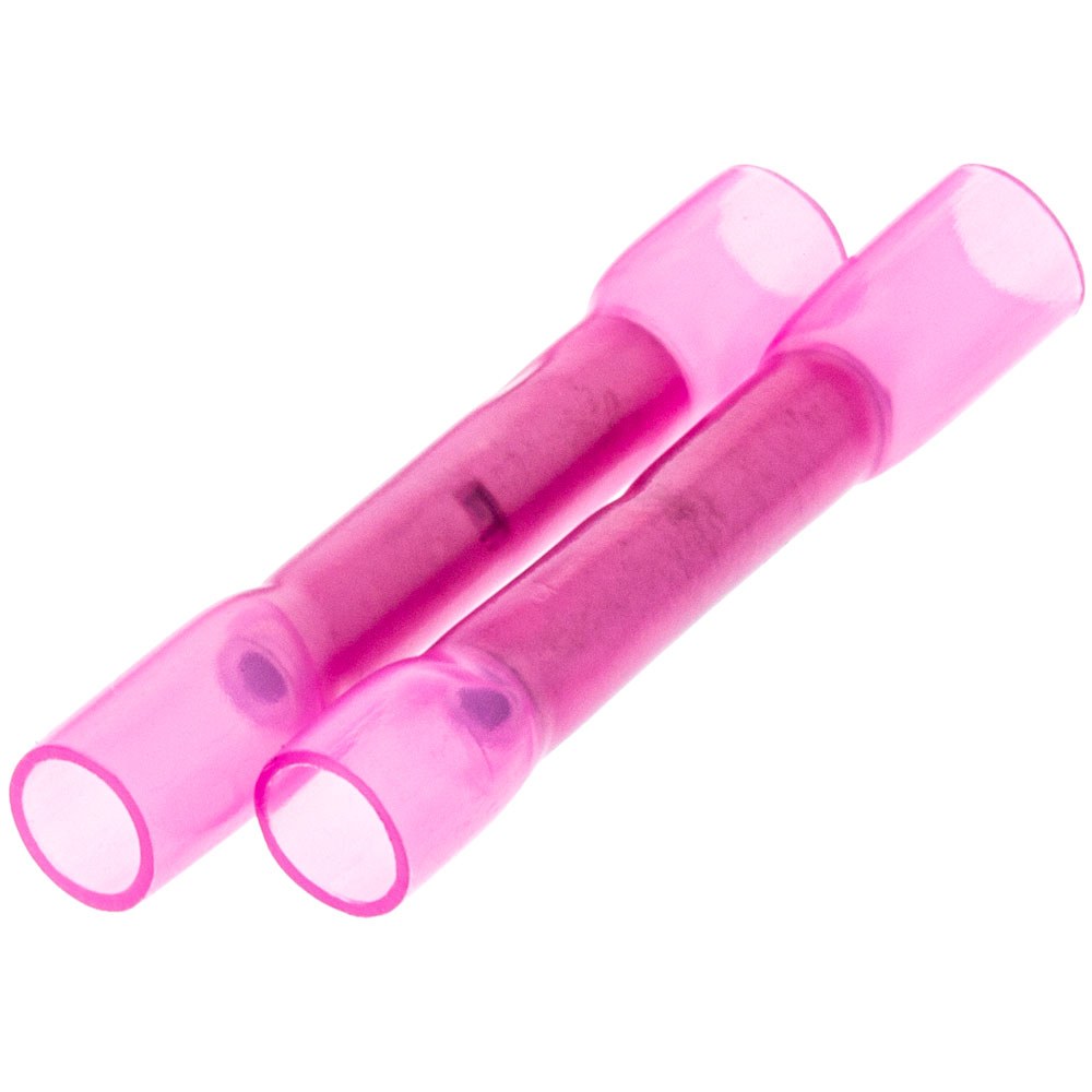 Red adhesive-lined heat-shrink butt connectors for 22 to 18 gauge automotive wires.