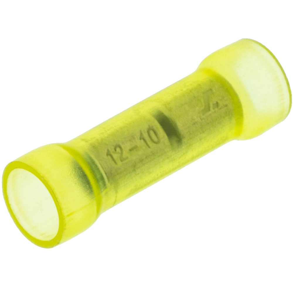 Yellow insulated butt connector for 12 to 10 gauge automotive power wires.